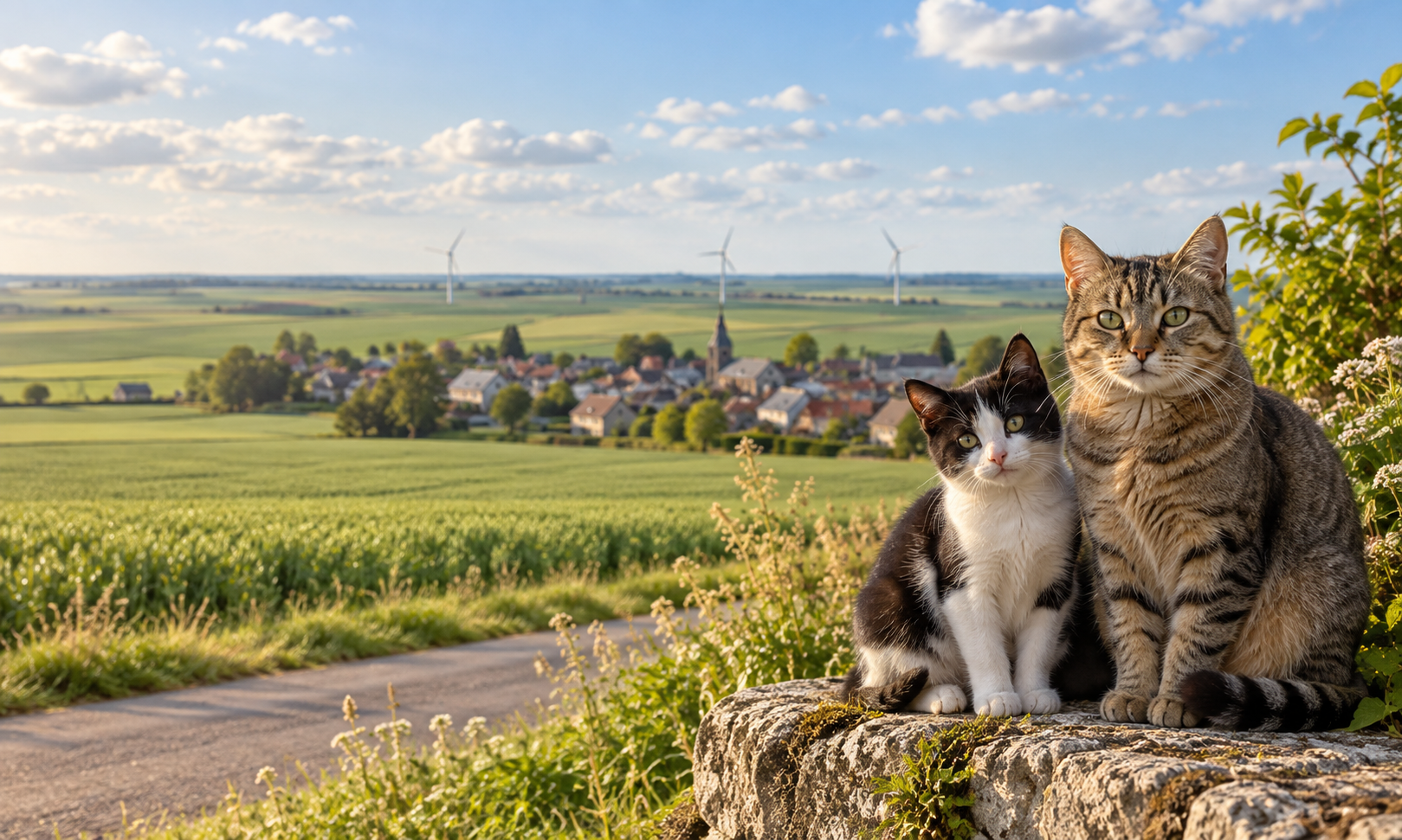 Chats libres de Léthuin devant le village